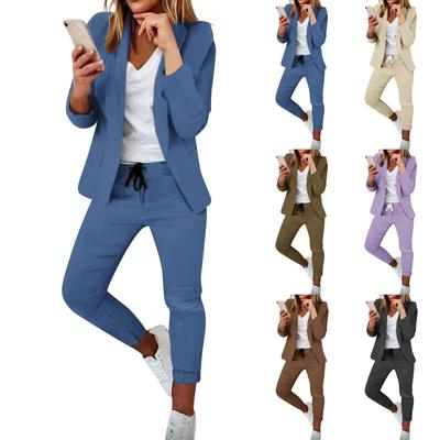 Kadın Düz Renk Ön Açık Cep Hırka Resmi Takım Elbise Uzun Kollu Gömlek Ceket Pantolon Seti