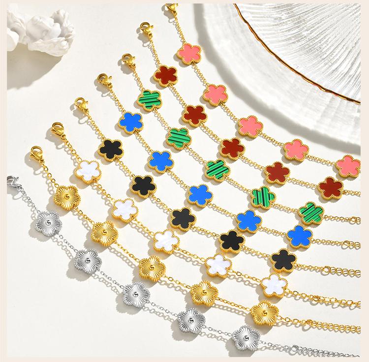 Women Flower Charms Bracelet 18K Gold Plated, Stainless Steel Lucky Flower Link Wrist Jewelry Birthday Gift
