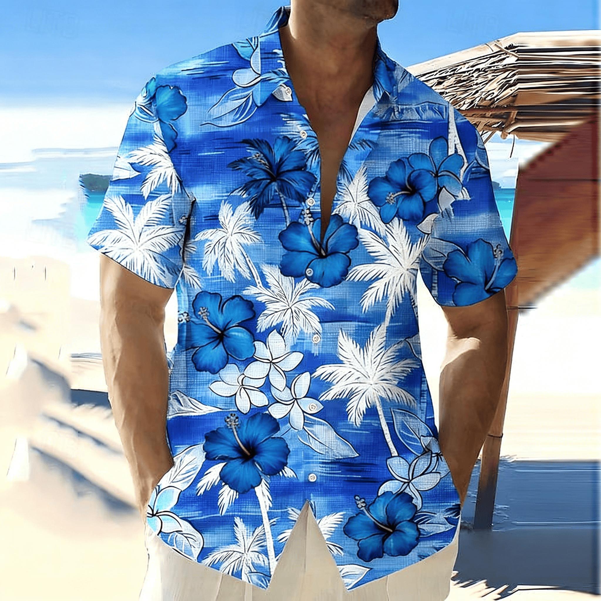 Men s Gradient Blue Coconut Tree Print Short Sleeve Shirt, Spring Summer Fresh Hawaiian Vacation Casual Top, Pocket Lapel Style S