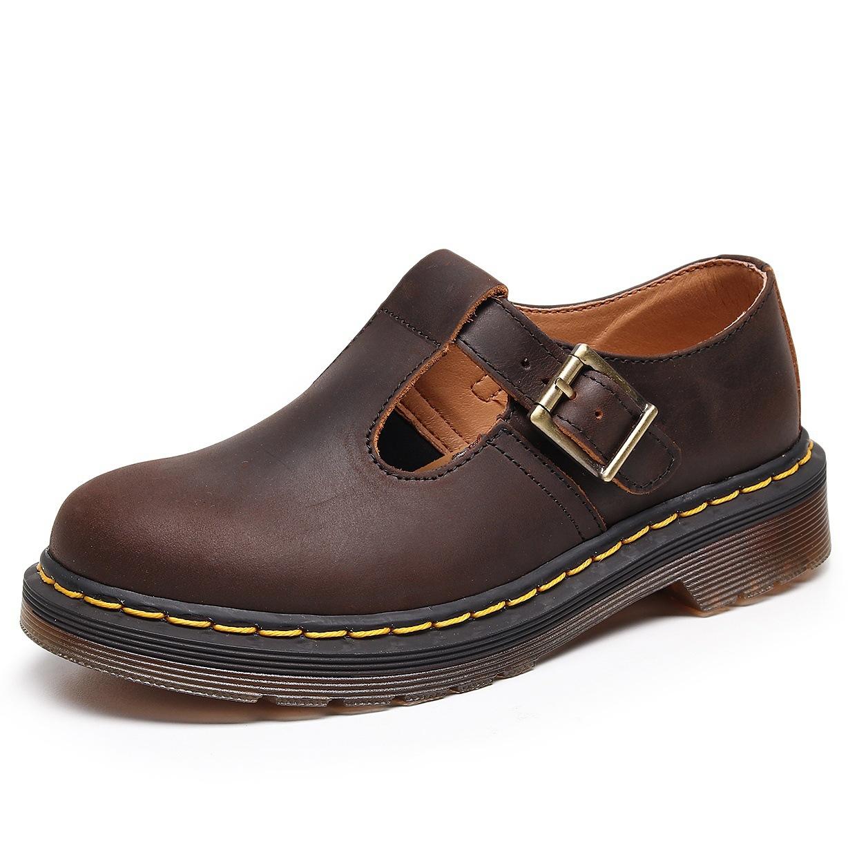 

New T-band Mary Jane shoes genuine leather, low-top small leather shoes women s Crazy Horse brown fashion student casual shoes 35