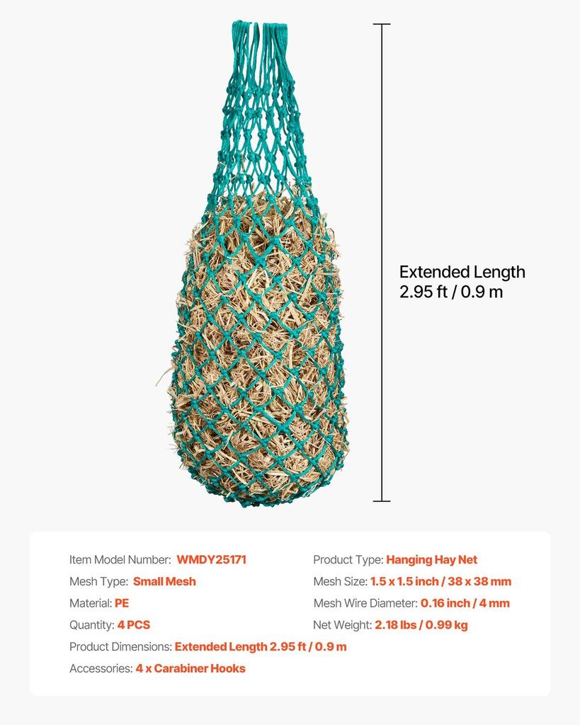 Hay Nets for Horses, 4PCS, 0.9 m Extended Length, 38 x 38 mm Holes, PE Material, with Four Carabiner Hooks, Hanging Slow Feed Hay Nets for Horses,