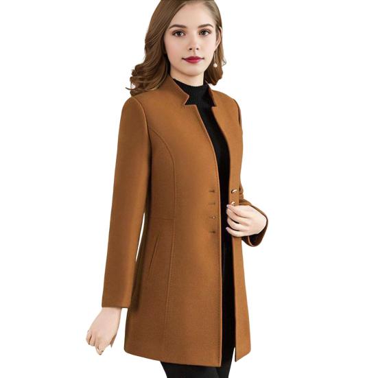 Women Winter Coat Formal Business Style Stand Collar Single-breasted Mid Length Slim Fit OL Commuting Jacket Solid Color Thick Outerwear