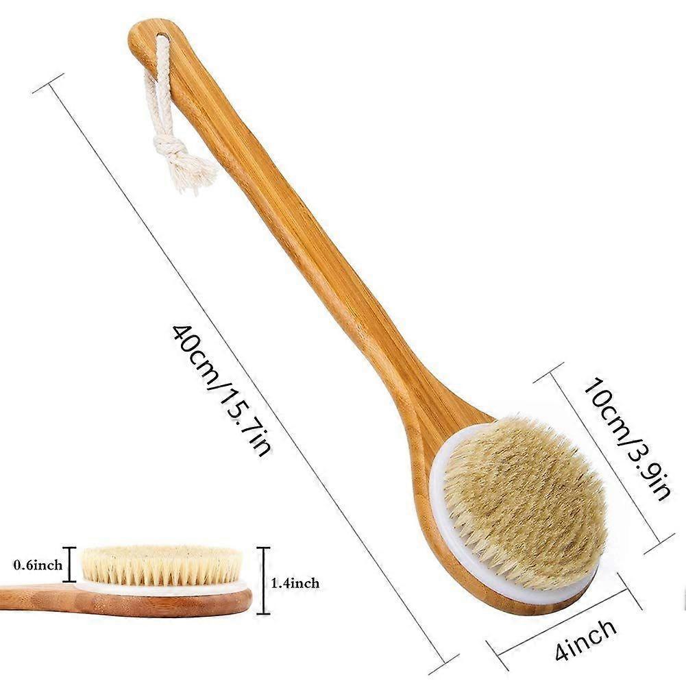Natural Bristle Bath Brush - Long Bamboo Handle, Wet and Dry Use - Promotes Blood Circulation and Removes Dead Skin Cells, Available In Tan, Wood, and