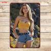 Vertical Metal Tin Sign Blonde Woman Yellow Crop Top Denim Shorts Wildflower Scenery Wall Hanging Decor