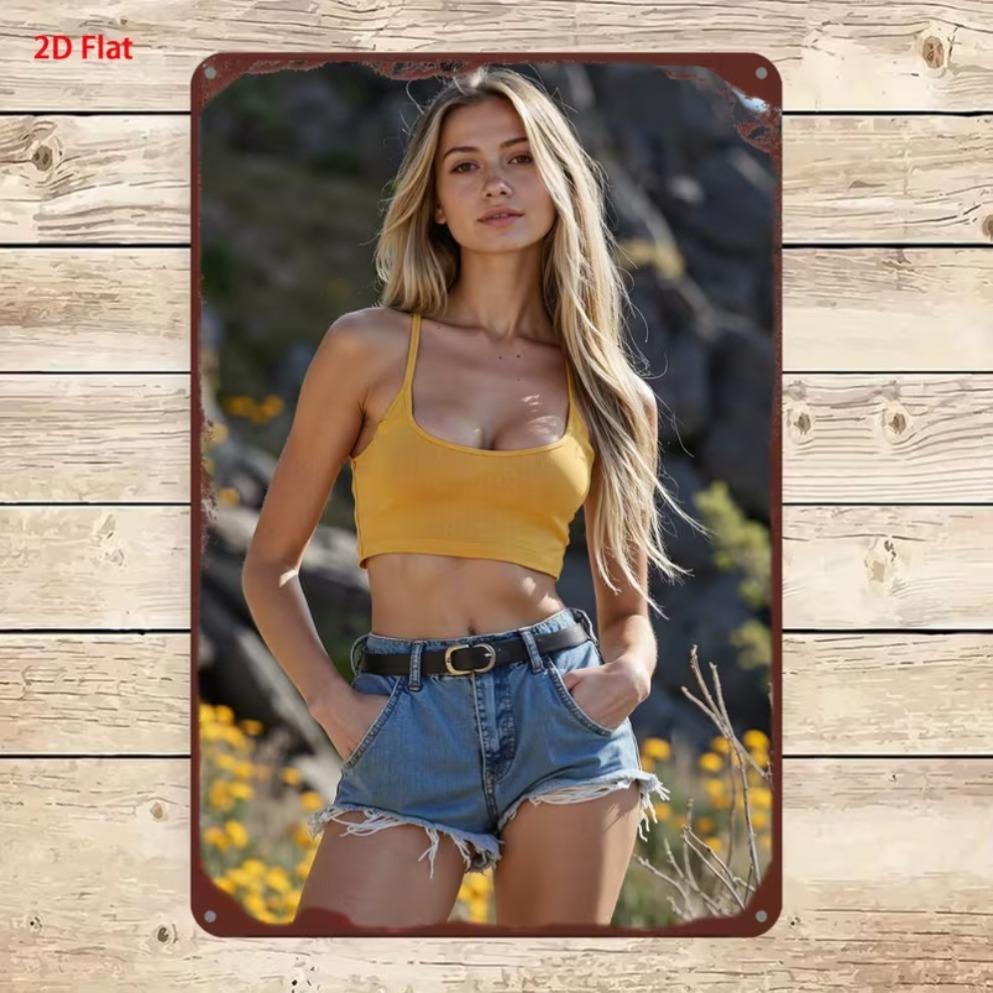Vertical Metal Tin Sign Blonde Woman Yellow Crop Top Denim Shorts Wildflower Scenery Wall Hanging Decor