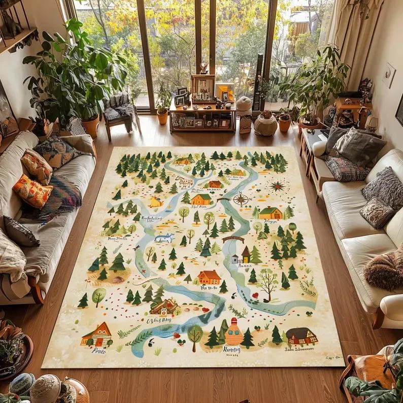 

Vibrant Interactive Kids World Map Rug Educational Floor Carpet with Forest Animals River Scene for Playroom Bedroom Nursery Mat 40x60cm
