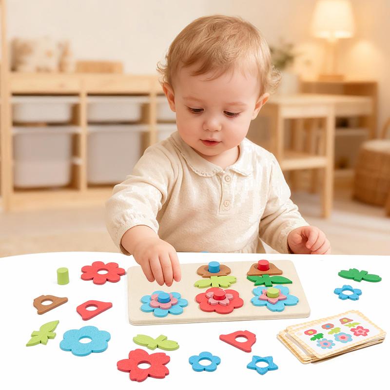 Versatile flower puzzle board paired with building blocks, children's puzzle early education toys, focus training