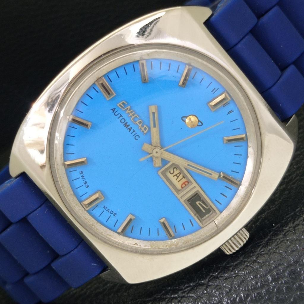 

ВИНТАЖНЫЕ АВТОМАТИЧЕСКИЕ ШВЕЙЦАРСКИЕ МУЖСКИЕ ЧАСЫ ENICAR С СИНИМ ЦИФЕРБЛАТОМ a700144-5 R201-a700144