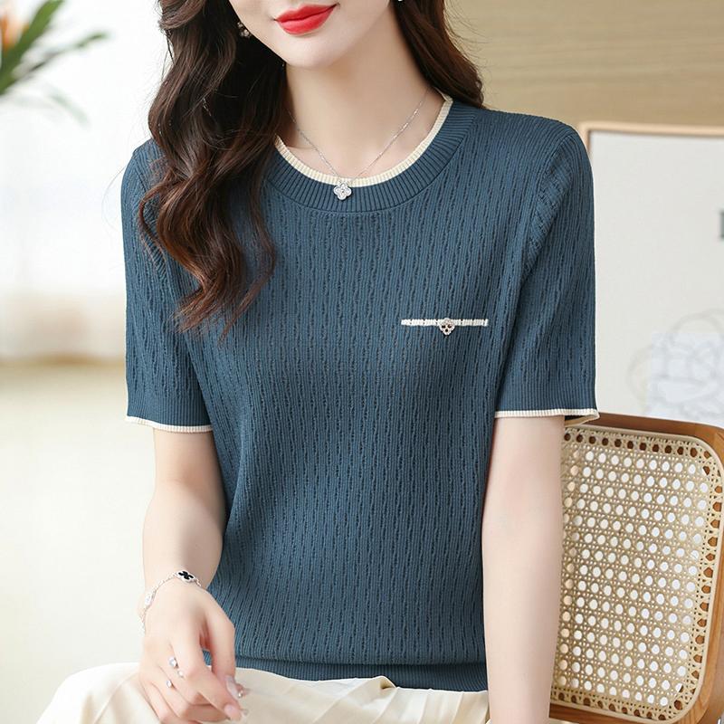 Summer Ice Silk Short Sleeve T-shirt Women Fashion Thin Casual Knitted Blouse Woman Short Sleeve Round Neck Tee Tops Office Lady Blouses 24120