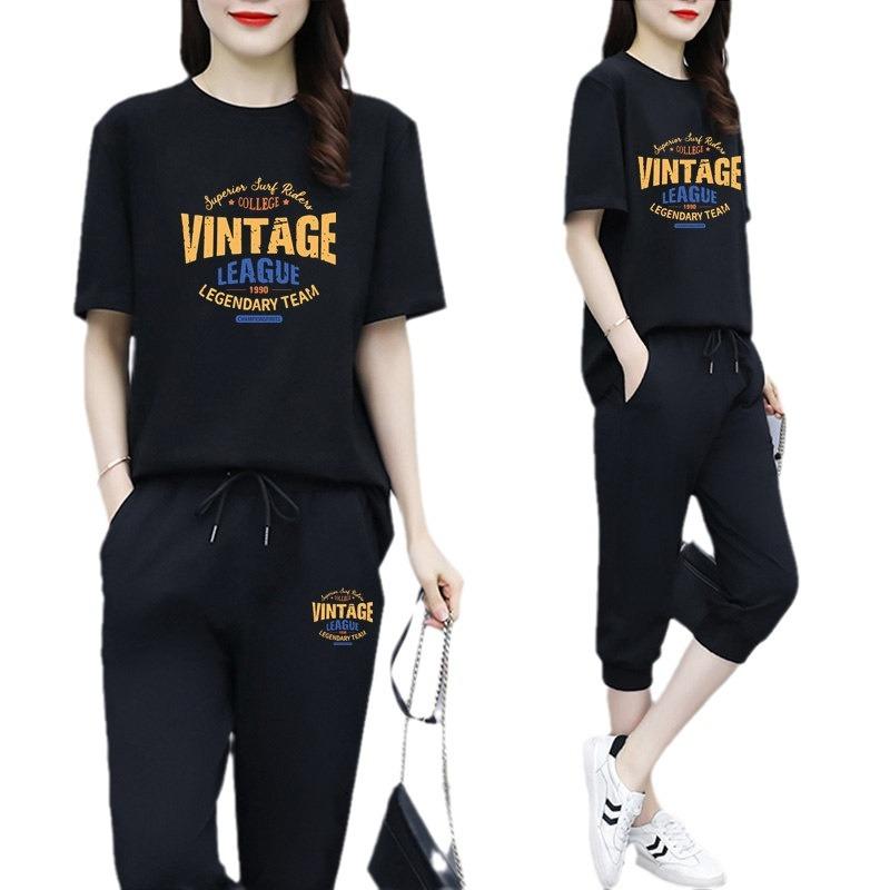 Seven-point Suit Running Casual Sports Suit Women's Five-point Pants Short-sleeved Summer Korean Version Loose Fashion Two-piece Suit