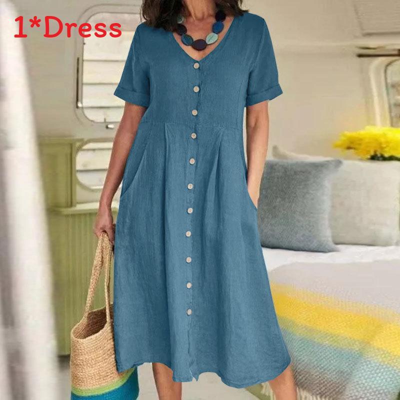 Summer Cotton Linen Dress With Pockets For Casual Streetwear Women
