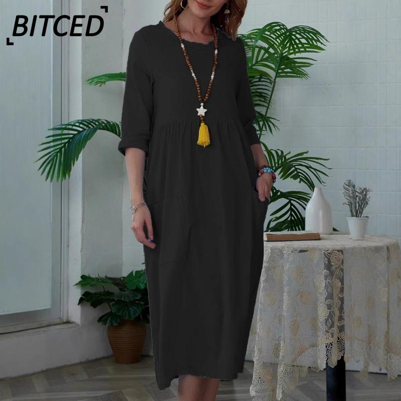 BITCED Fashion Summer Spring Solid Color Print 3/4 Sleeves O-Neck Casual Dresses