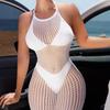 Ladies High Elastic Bodycon Dress Night Club Wear Women Sexy Mesh Transparent Short Dress Erotic See Through Hollow Beachwear