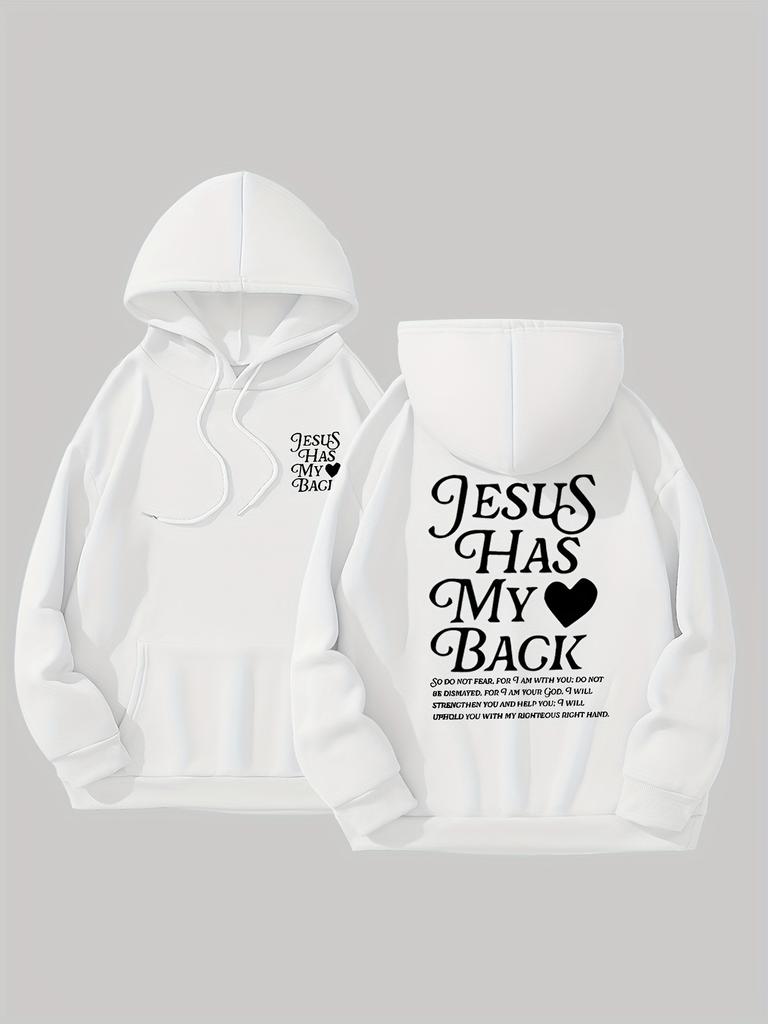 Long Sleeve Women's Hooded Sweatshirt Jesus Has My Back Lettering Print Casual Pullover with Pocket Fashionable All-Season Top