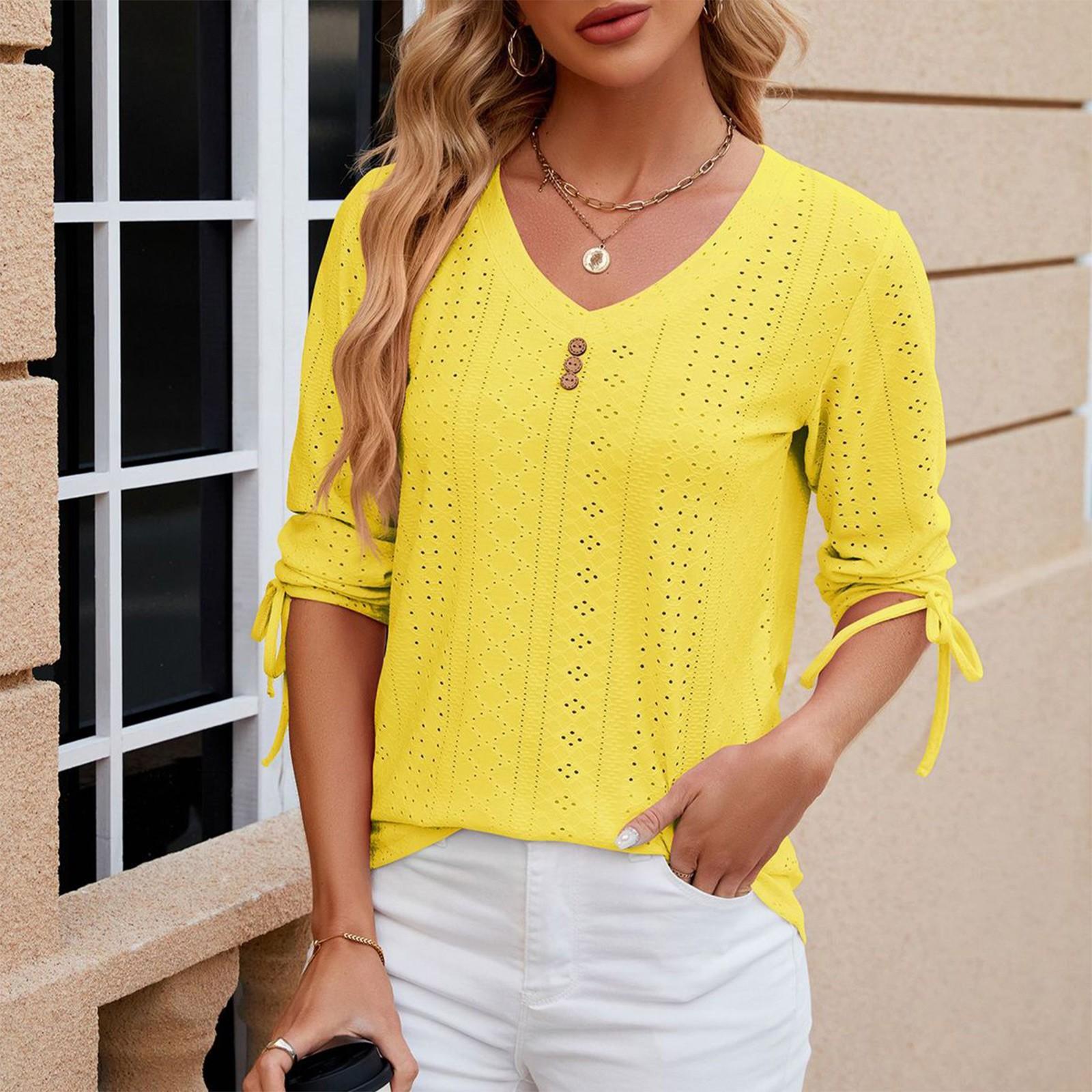 

Женская модная и универсальная элегантная однотонная футболка с v-образным вырезом на пуговицах и средними рукавами XL жёлтый