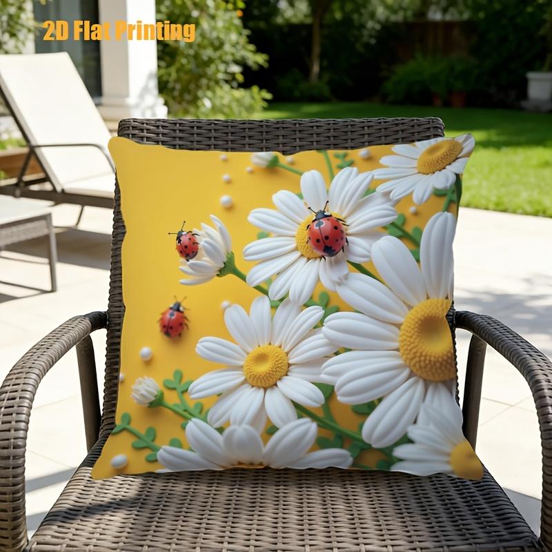 2D Effect Daisy Ladybug Pillow Cover Yellow Floral Print Soft Cozy For Sofa Bed Living Room Spring Garden Decor Gifts