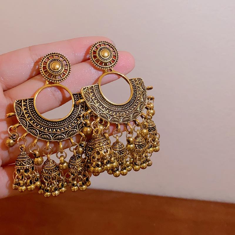 Round lantern bell fringed earrings retro exaggerated heavy industry earrings medieval court style earrings women