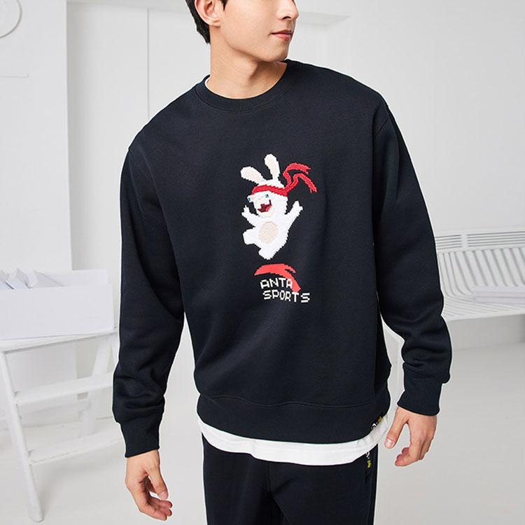 Anta Solid Color Embroidered Pattern Round Neck Skin-Friendly Long Sleeve Sweatshirt Unisex Sweatshirt Black 172248706-4