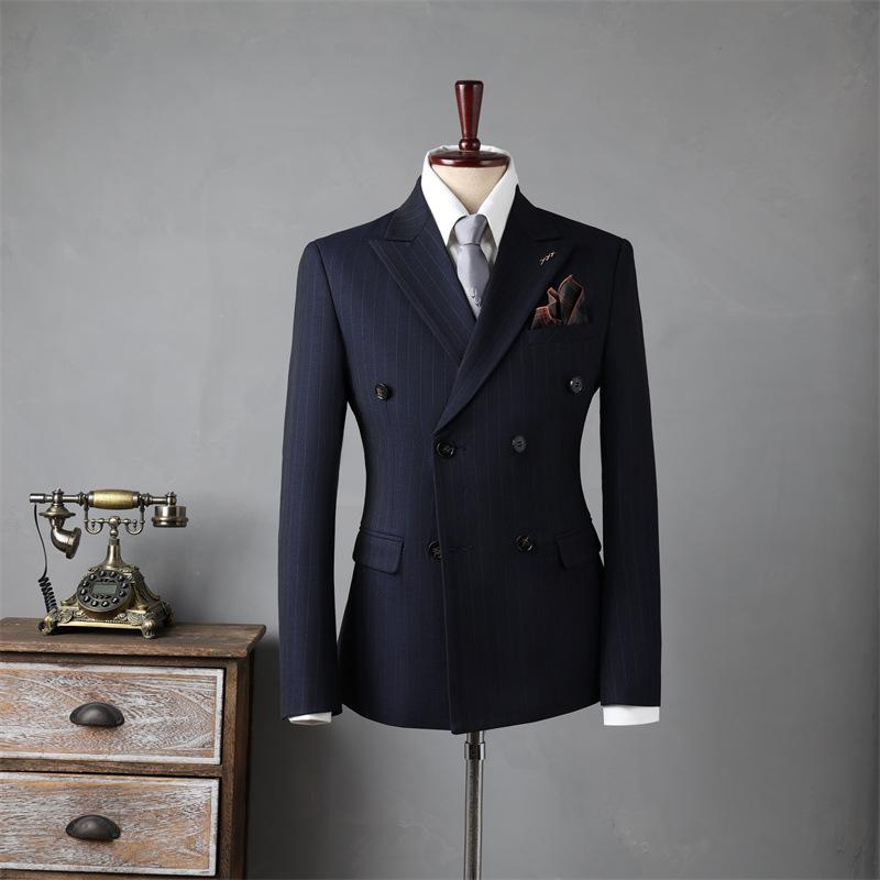 Men's Double-Breasted Striped Suit Set for Weddings & Business – Slim Fit Tuxedo & Formal Wear