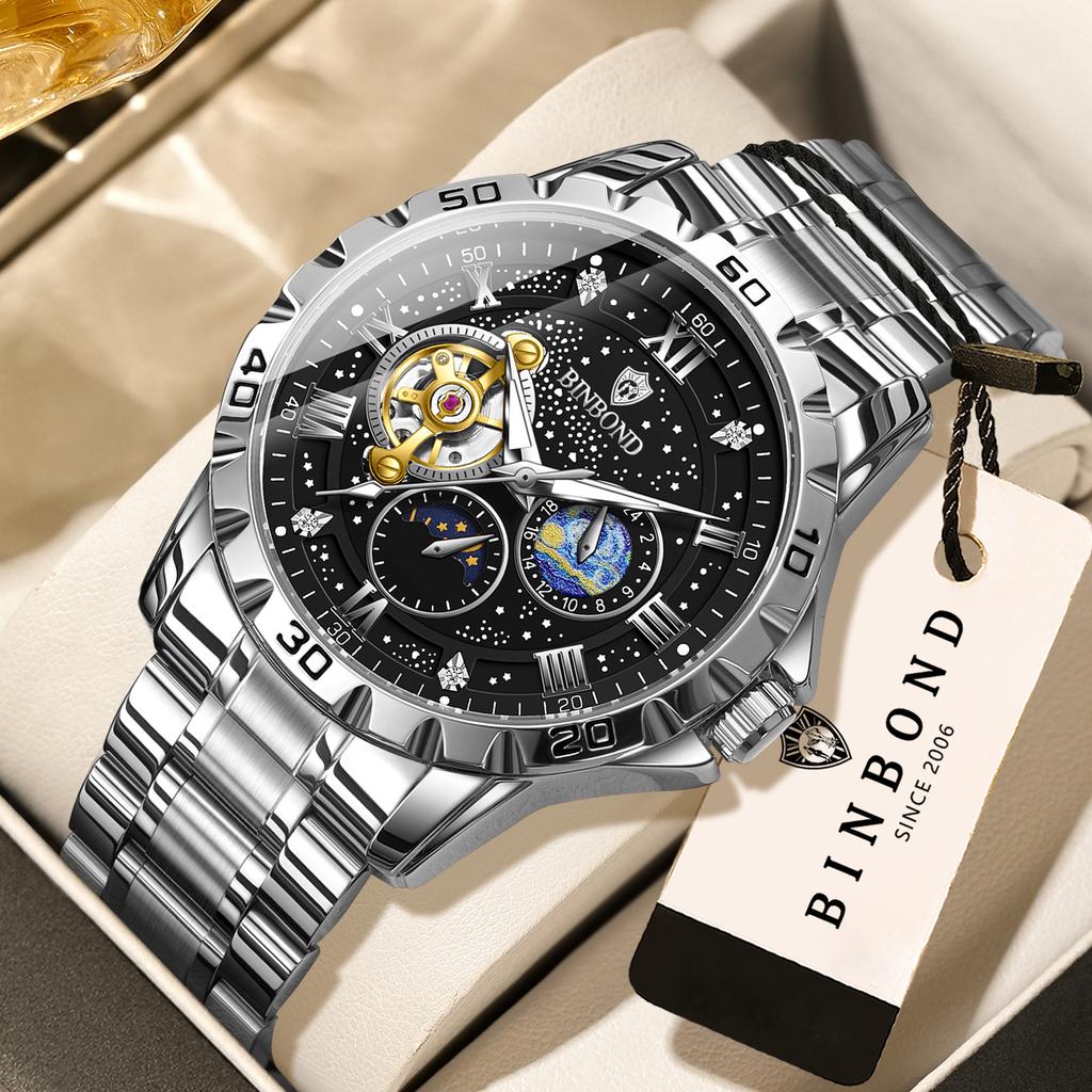 BINBOND Mechanical Wristwatches For Men Tourbillon Luminous Relojes Waterproof Automatic Men's Watch Skeleton Luxury Reloj +Box