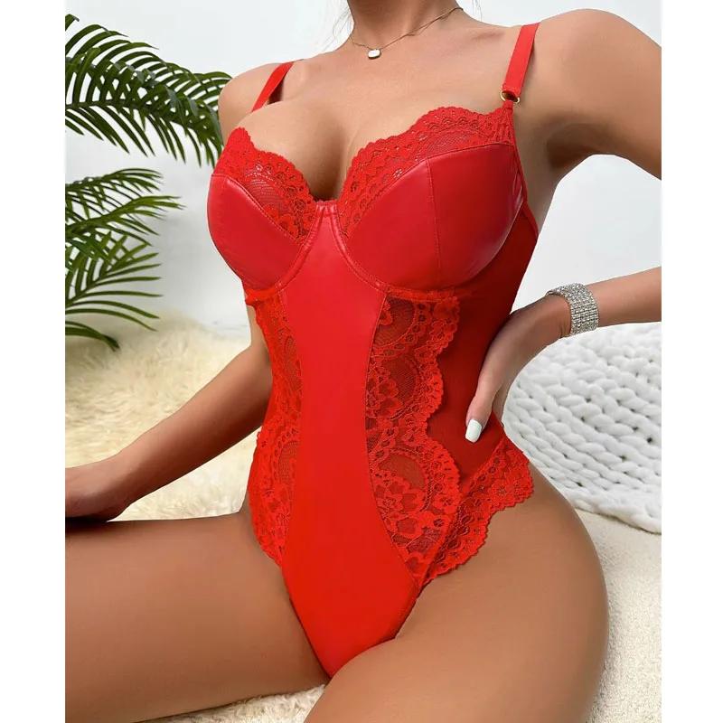 Adult Goods Costume Patent Leather Lace Cutout Bodysuit Corset for Women Sexy Nighties Lingerie Exotic Suits for Women Sexy Bras