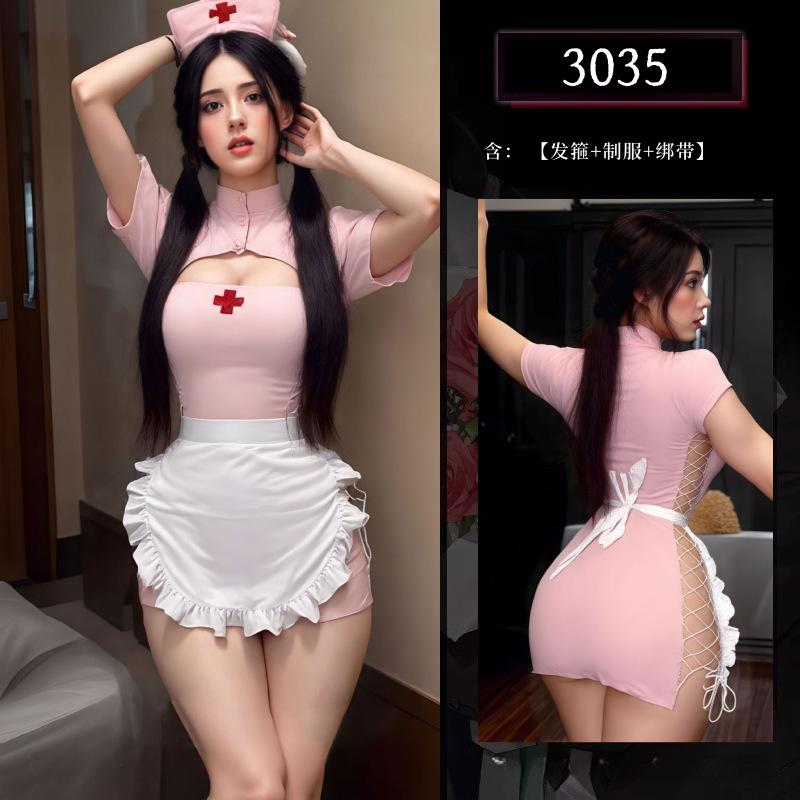 Sexy Lingerie Pure Desire Nurse Uniform Lace Bow Heart Perspective Cos Maid Sexy Suit