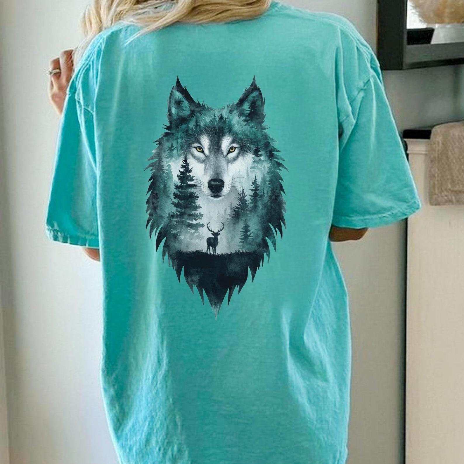 Wolf Nature Shirt, Forest Wolf Comfort Colors Tee, Wildlife Graphic, Rustic Outdoor, Wolf Lover Gift, Deer Forest Back Print, Zoo Apparel L