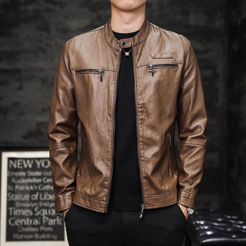New Velvet Leather Jacket, Wire PU Leather, Men's Autumn and Winter Leather Jacket, Motorcycle Jacket, Stand Collar, Fashionable
