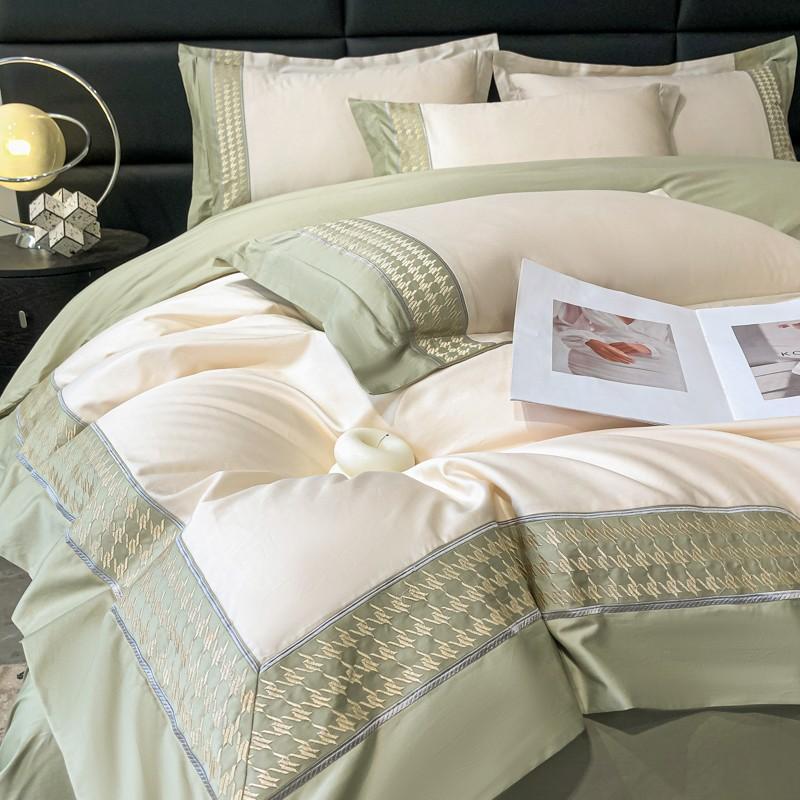 Set da quattro pezzi per letto in cotone a fibra lunga di classe A, lenzuolo con angoli ricamato, lenzuolo con angoli, copripiumino, puro cotone, ad alta densità, ad alto numero di titoli
