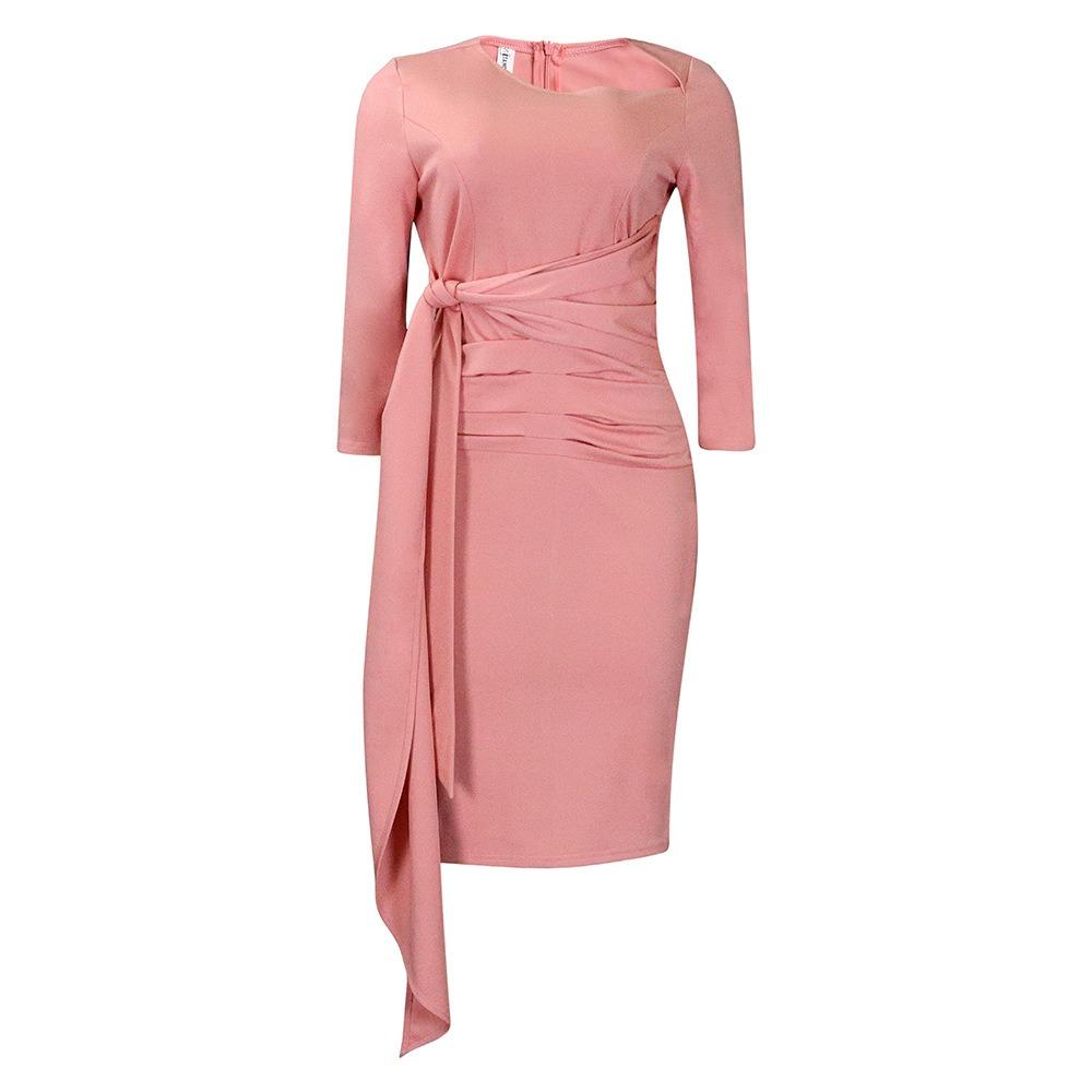 Women's Asymmetric Neck Three Quarter Sleeve Pencil Midi Dress Mid Waist Elegant Ruched Tie Office Dress