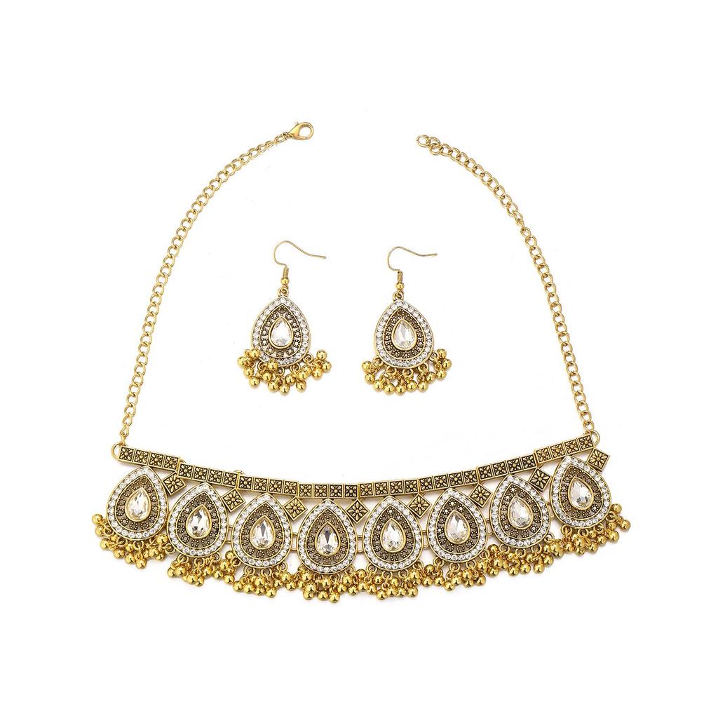Bohemian Indian Style Rhinestone Tassel Necklace & Earrings Set for Women
