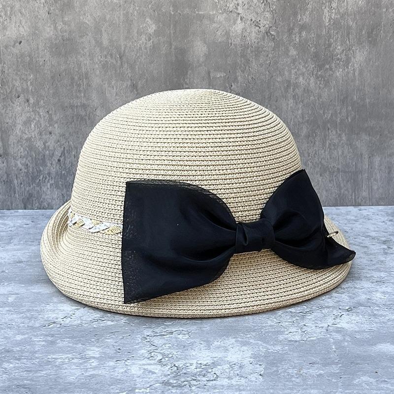 Summer Straw Hepburn Curly Elegant Bow Beret Women'S Travel Versatile Basin Hat Straw Hat