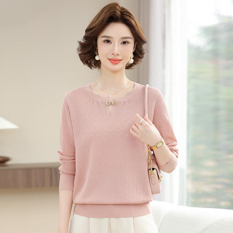 Middle-aged and Elderly Women's Spring and Autumn Bottoming Shirt Knitting New Clothes Middle-aged Mother Spring Long Sleeve Loose Round Neck
