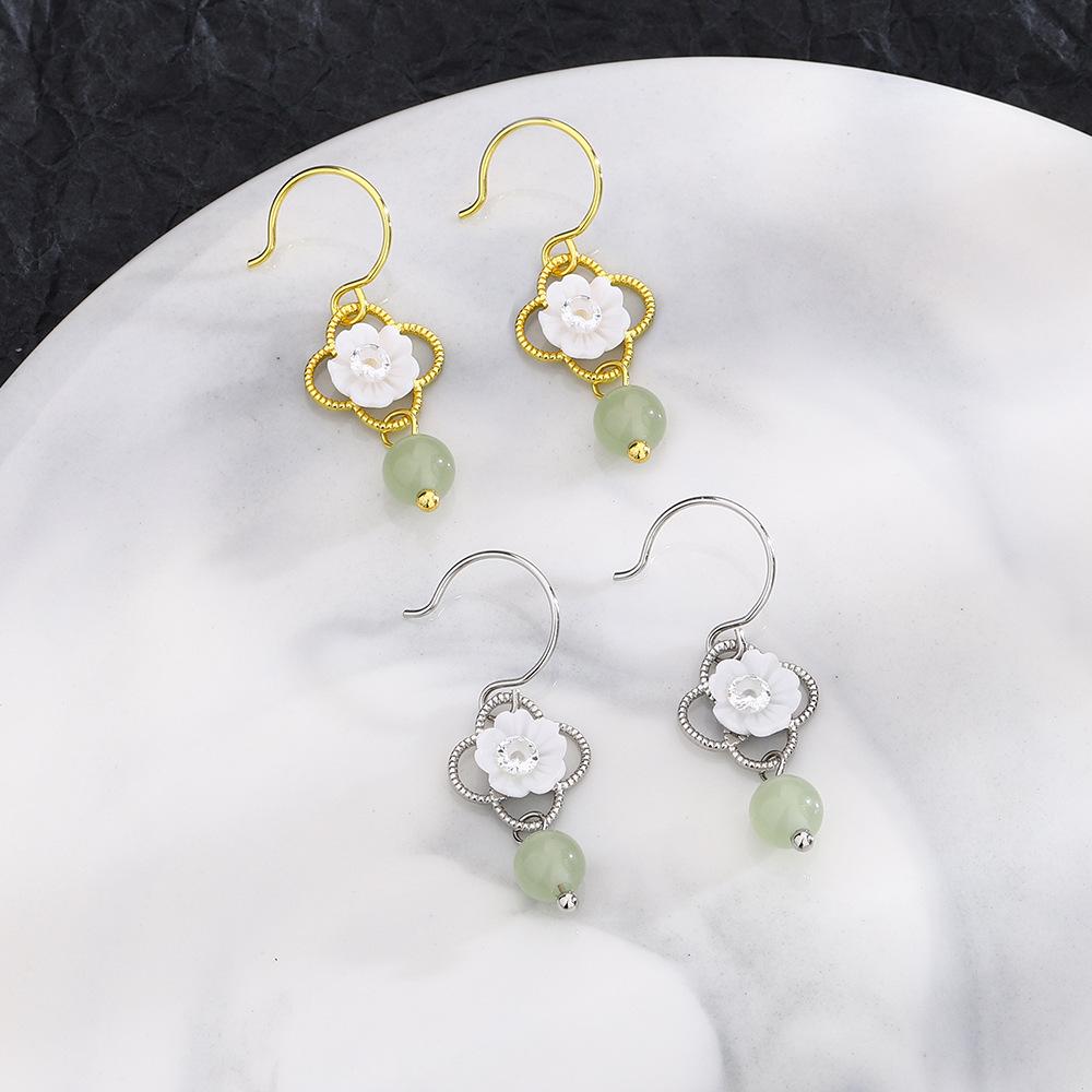 Hetian Jade White Flower Earrings Celebrity Court Style Camellia Ear Hook Hollow Four-Leaf Clover Zircon Flower Earrings