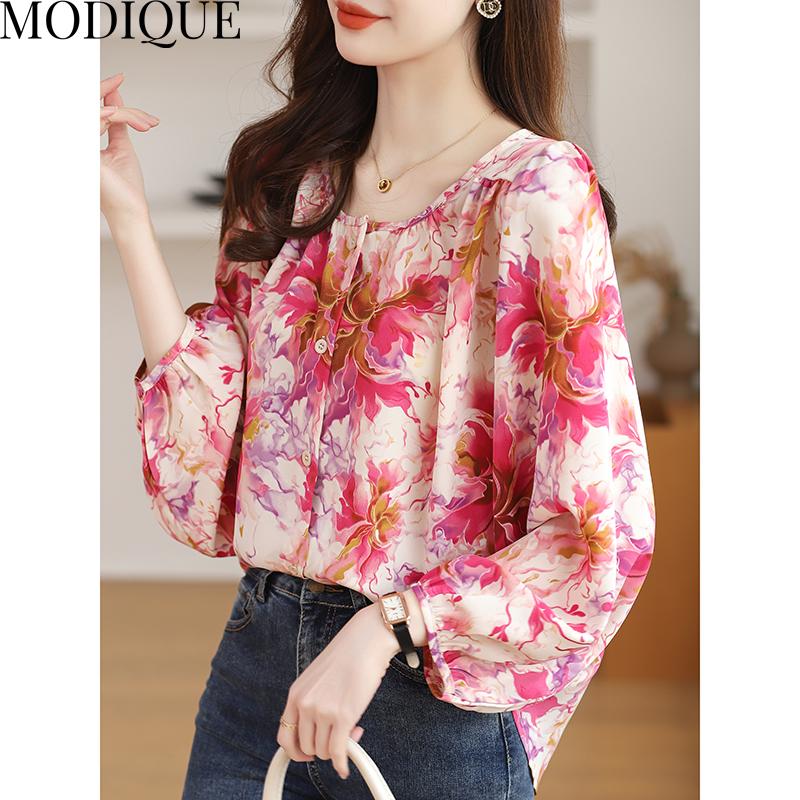 MODIQUE Spring Summer Plus Size Women Casual Loose Elegant Cotton Linen Chiffon Floral Print Puff Sleeve Blouse Shirts Lady Oversize O-Neck Coats