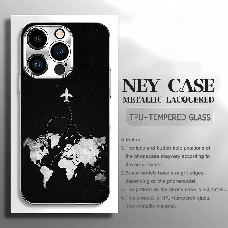 Aircraft route pattern electroplated glass phone case suitable for iPhone 17 16 15 14 13 12 11 Pro Max Plus anti fingerprint