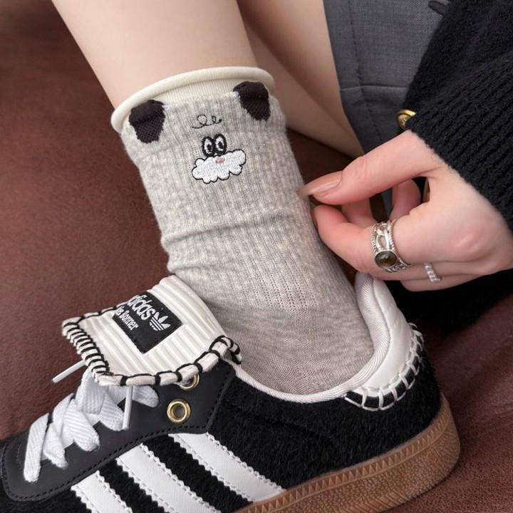 Cute Puppy Embroidered Mid-Calf Socks - Spring/Summer Japanese Style Rolled Cuff Cotton Socks for Girls