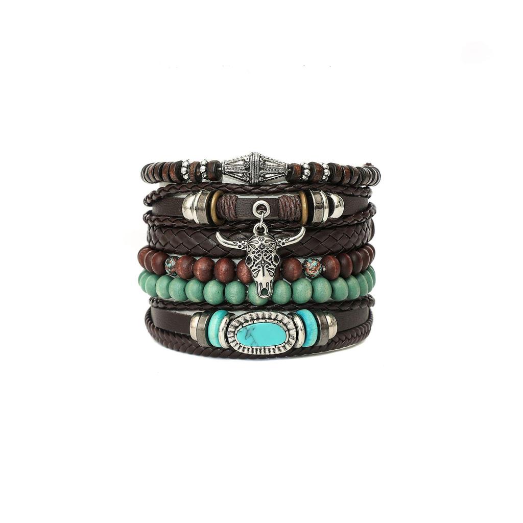 Retro Handmade Men's Woven Leather Bracelet with Bull Head & Feather Decor.