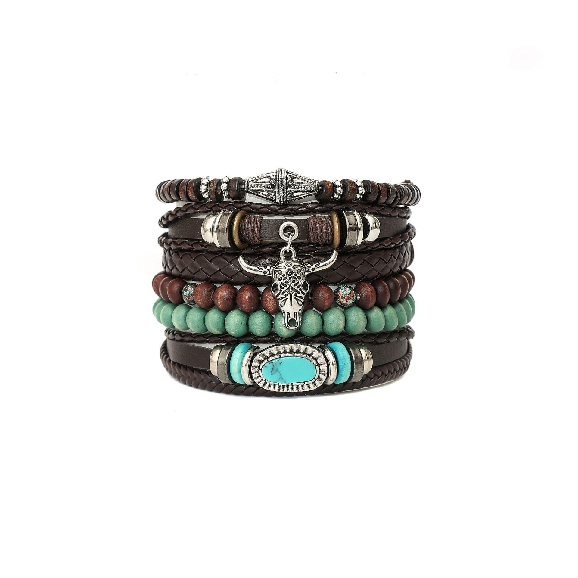 

Retro Handmade Men s Woven Leather Bracelet with Bull Head & Feather Decor.