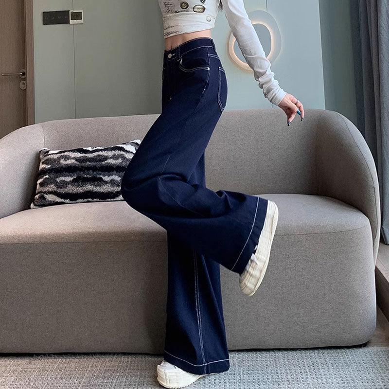 Women's High-Waist Straight-Leg Jeans with Leather Patch - Blue Wide-Leg, Floor-Length Denim for Autumn and Winter.