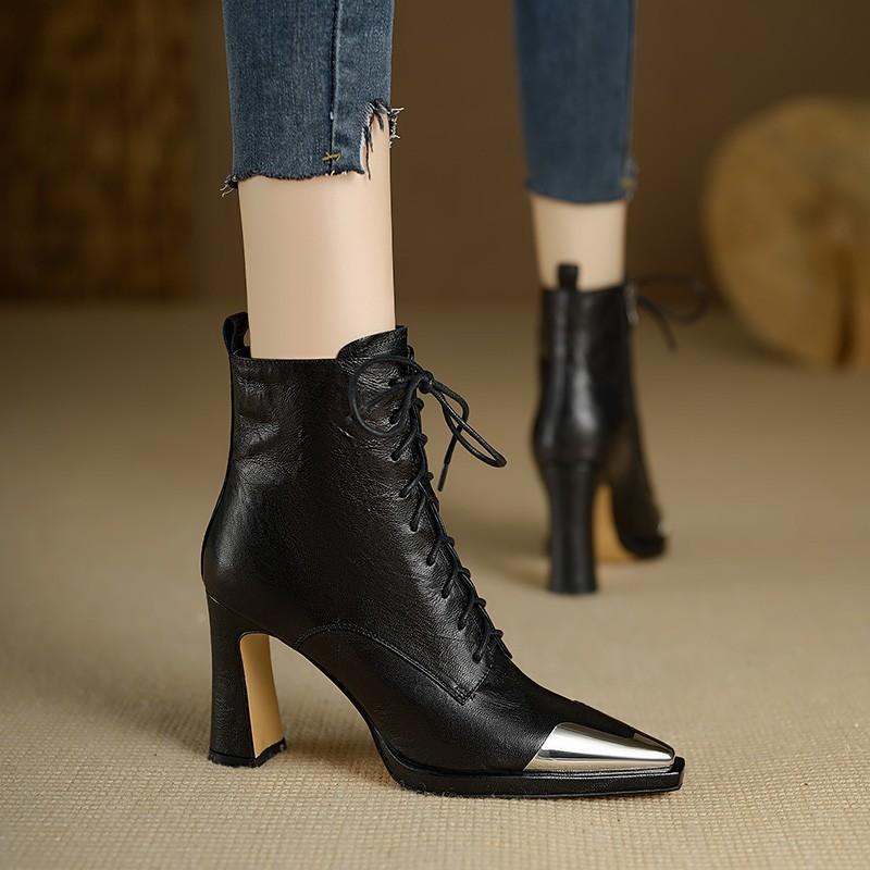 Women's Shoes 2026 New Strap Women's Shoes High Heels Metal Pointed Short Boots Hand Grip Soft Leather Brown Women's Boots