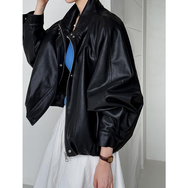 Orange Zhi Early Autumn Stand-Up Collar Leather Motorcycle Jacket 39116