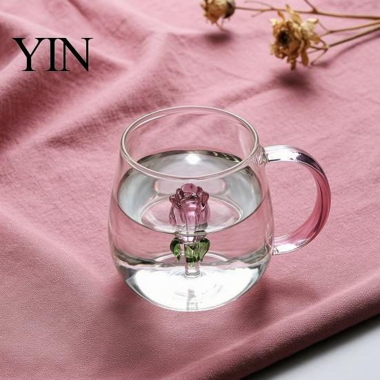 Rose Decorated Goblet Red Wine Glass with Roses And Green Leaves Decorated, Clear Romantic Cups Decorative Glass, Elegant Crystal for Dinners Parties