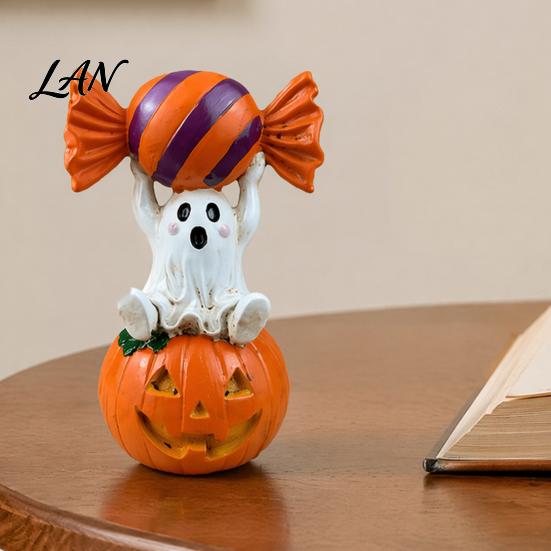 Whimsical Ghost Statue Halloween Figurine, Cute Sitting on Pumpkin Holding Candy Souvenir Gift Statue, Spooky Resin Table Ornament for Indoor