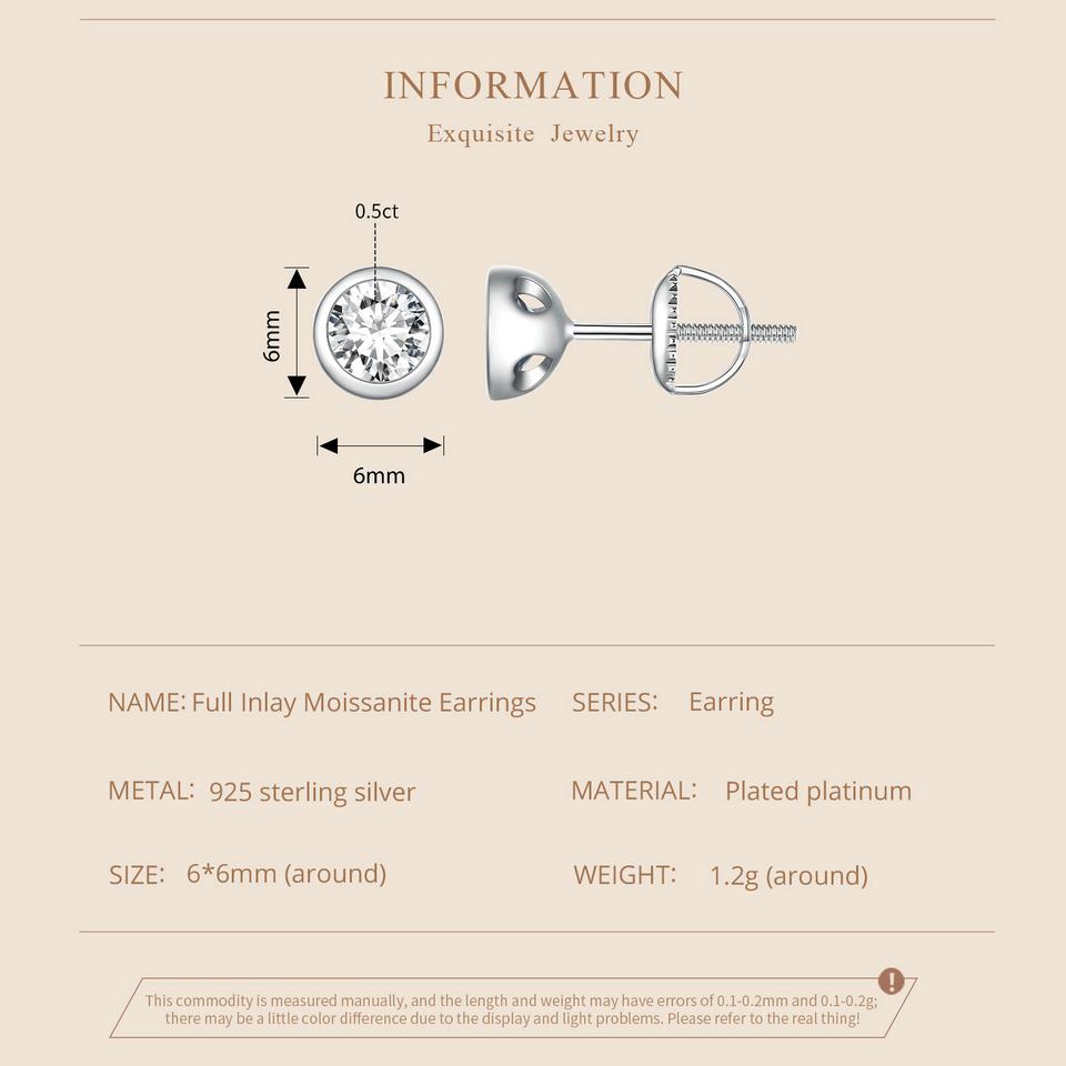BAMOER 925 Sterling Silver Bezel Setting Moissanite Stud Earrings Round Cut Lab Diamond Earrings for Women Wedding Jewelry Gift