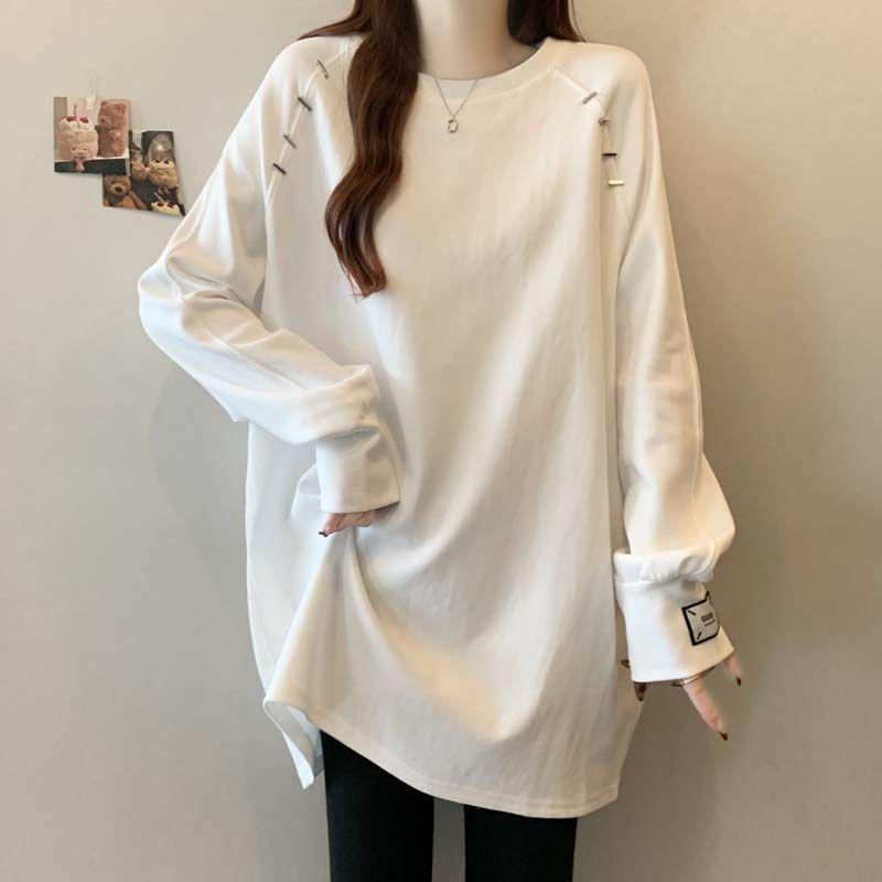 

Plus Size Velvet Buttoned Long Sleeve T-Shirt for Women - Autumn/Winter Slimming Loose Fit 2XL [Recommended 141-160 Jin] брудно-білий