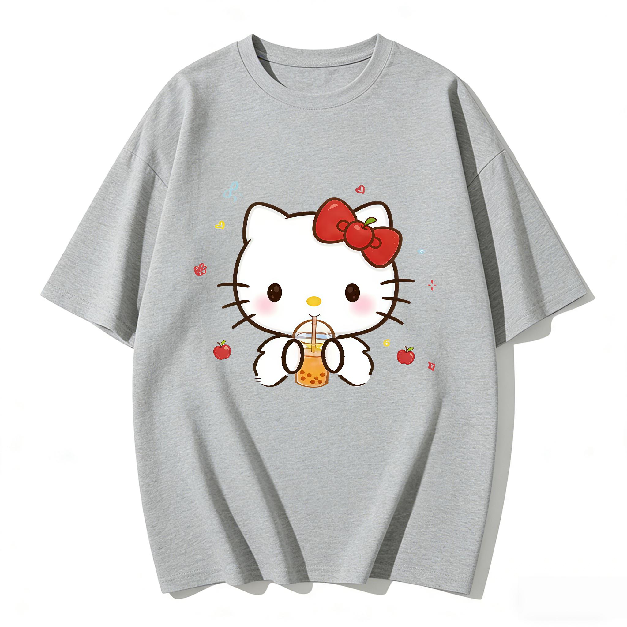 

2026 Summer Hello Kitty Cartoon Printed Short Sleeve Pure Cotton Tshirts Womens Family Matching Outfits Tops Tee Trendy Y2k S