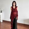 2025 Halloween Red Cowl Neck Hooded Ruffle T-shirt for Women