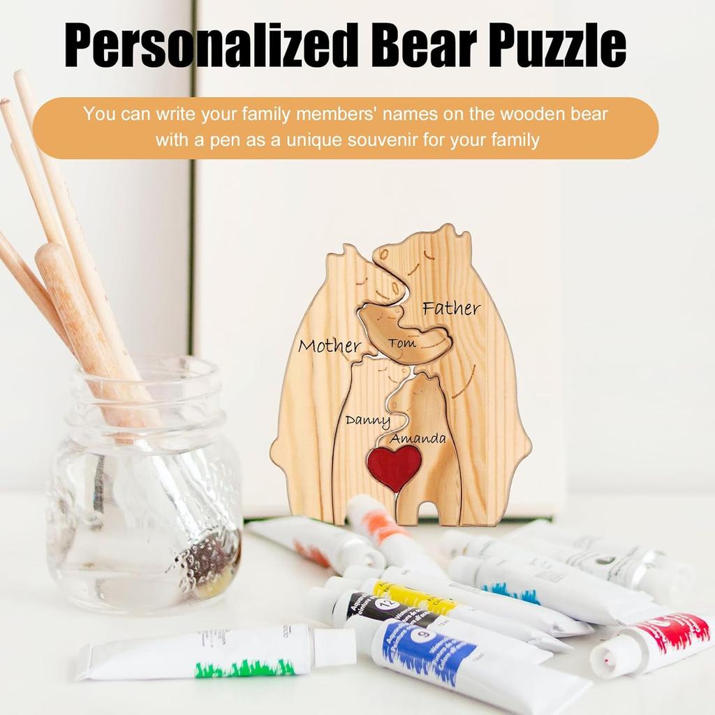 Wooden Bear Family Statue, Family Art Puzzle, Desk Ornament, Wooden Family Heart Puzzle, Home Decoration, Birthday Gift