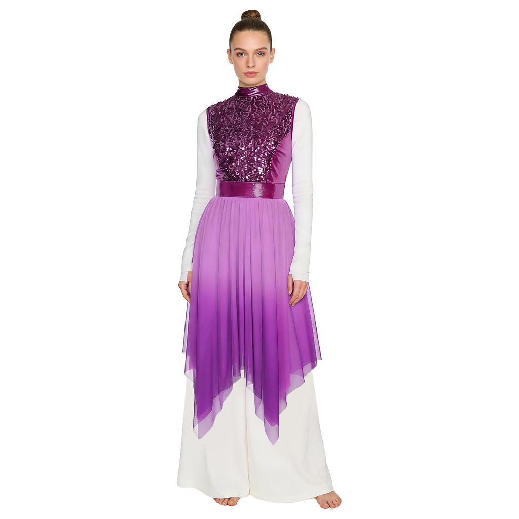 Womens Worship Praise Dance Dress Shiny Sequine Sleeveless Bodice Gradient Mesh Irregular Hem Lyrical Costume